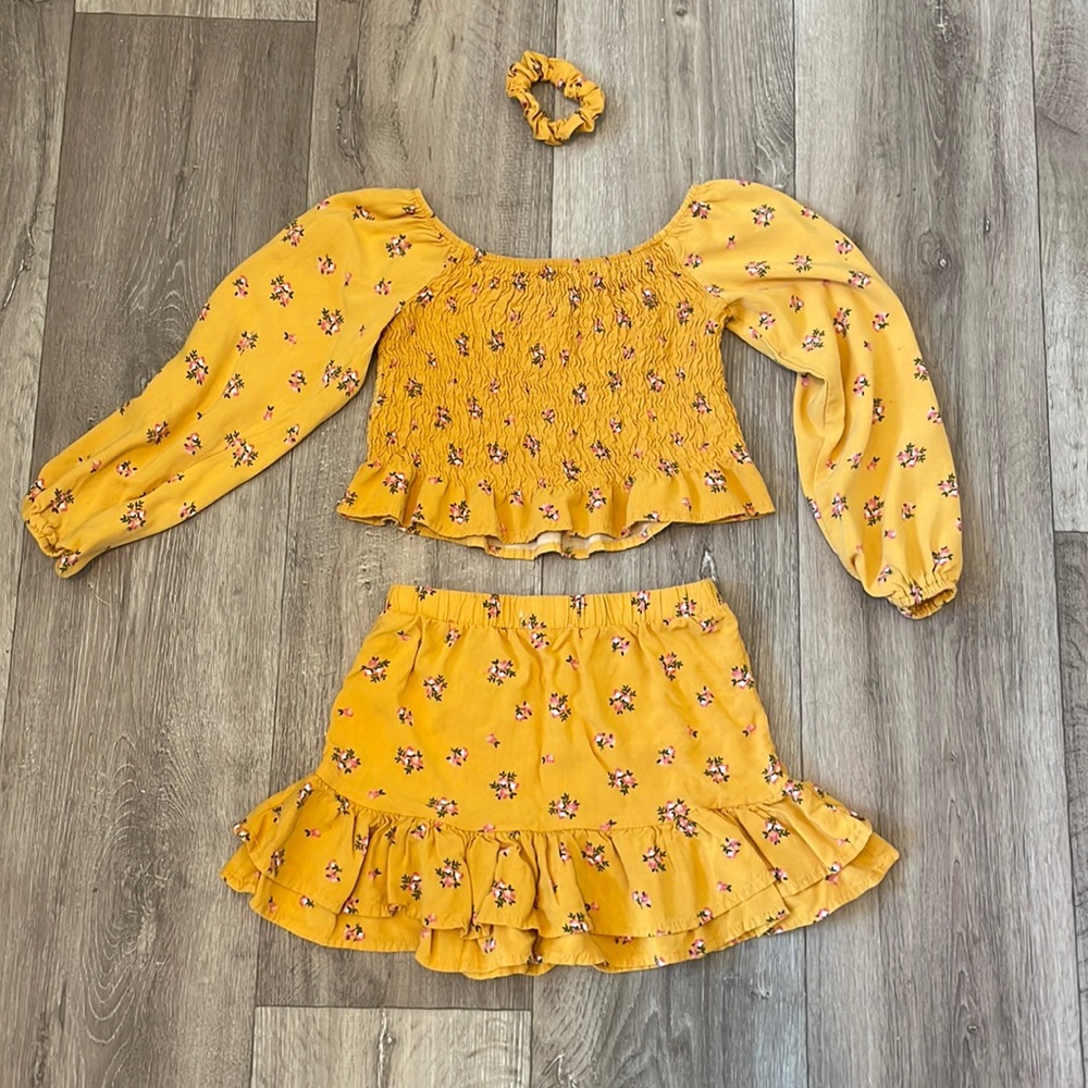 Yellow Floral Skirt Set with Matching Scrunchie